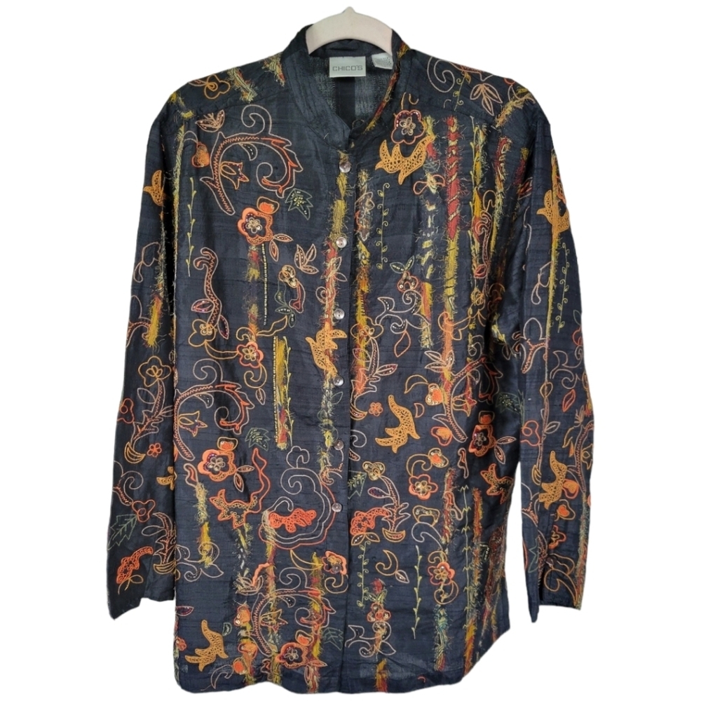 Chico's 100% Silk Embroidered Beaded Jacket Blouse Art to Wear Size 1 M